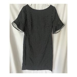Karl Lagerfeld Paris Black/White dot sheath dress Ruffle sleeve back slit, 12